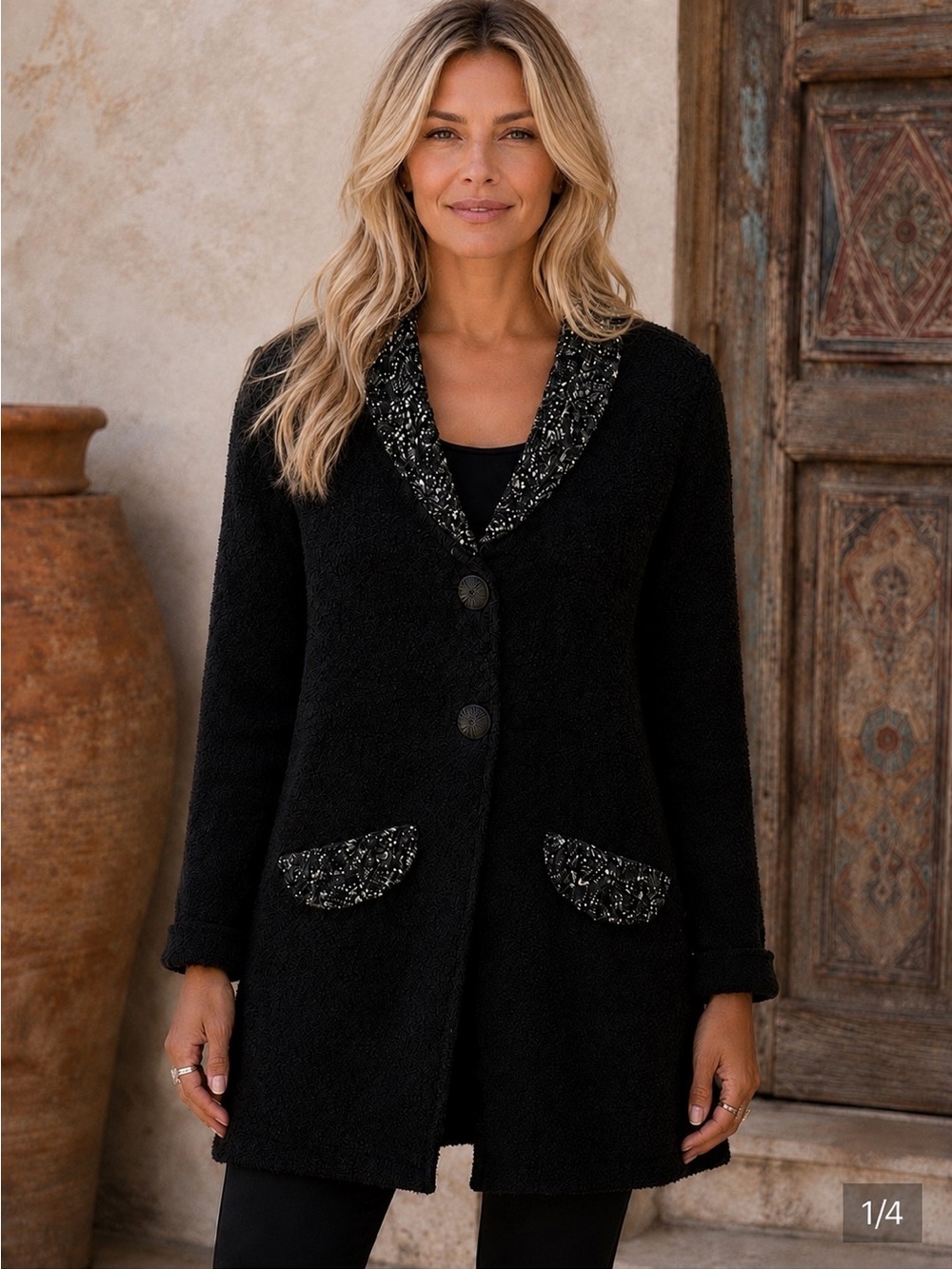 Papa Vancouver Black Women's Knit Jacket with Textured Trim